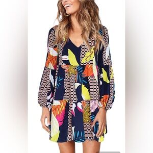 Amoretu Size Medium Navy Multicolor Summer Tunic Dress V-neck Swing Shift Dress